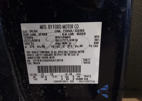 2005 Ford F-150 Fx4/Lariat/Xl/Xlt from USA, damaged, VIN 1FTPX14505NA12018